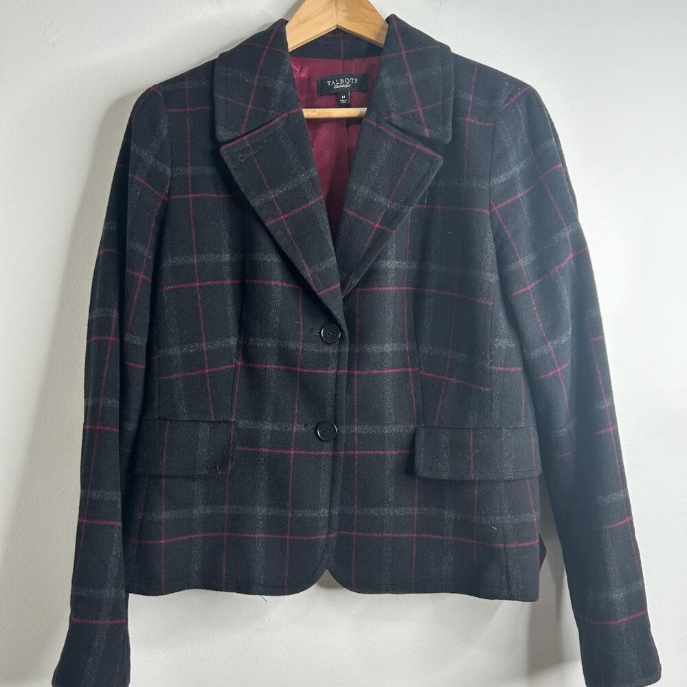 Talbots Blazer Jacket Womens 14 Black Red Plaid Wool Blend Preppy Academia